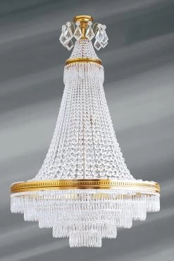 Grand Lustre Louis XVI Doré Cristal De Bohème 14 Lumières