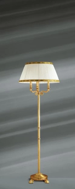 Lampadaire En Bronze Massif De Style Empire, Trois Lumières, Abat-jour Plissé