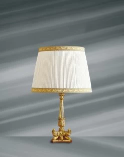 Lampe En Bronze Massif De Style Empire, Abat-jour Plissé Et Galonné