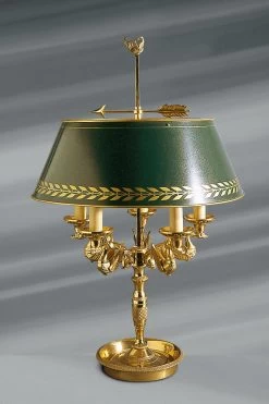 Lampe En Bronze Massif De Style Empire, Abat-jour Vert, Cinq Lumières