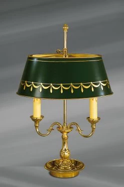 Lampe En Bronze Massif De Style Louis XVI, Deux Lumières, Avec Abat-jour Ovale Peint En Vert