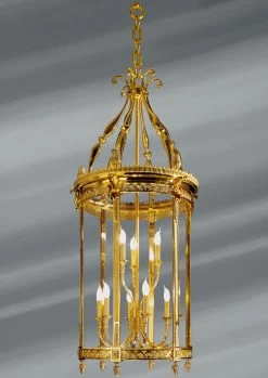 Lanterne De Style Louis XVI En Bronze Massif Et Verre Bombé, Neuf Lumières Sur Deux étages