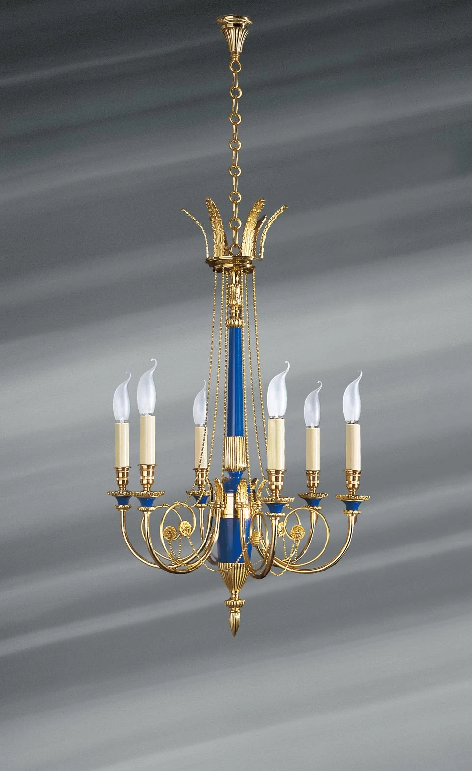 Lustre De Style Directoire Doré Et Bleu Roi, En Bronze Massif, Six Bougies