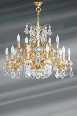 Lustre Doré Louis XV Cristal De Bohème 15 Lumières