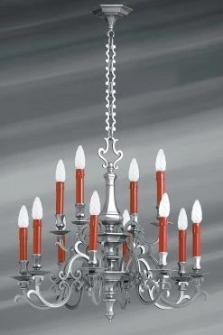 Lustre Louis XIII Bronze Patine étain Mat Douze Lumières