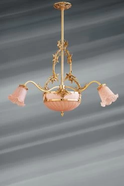 Lustre Rose 6 Lumières Romantique Doré En Pâte De Verre