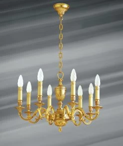 Lustre Style Louis XVI, Bronze Doré, Huit Lumières, Feuilles Et Perles