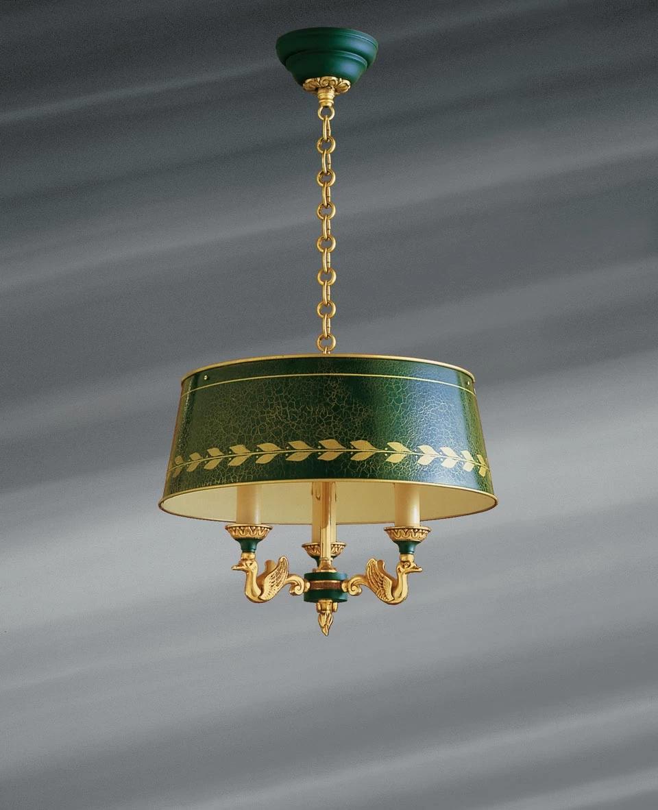 Petit Lustre En Bronze Massif De Style Empire, Trois Lumières Et Abat-jour Laqué