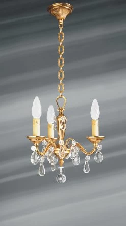 Petit Lustre Trois Lumières De Style Louis XVI En Bronze Massif Doré Et Pampilles